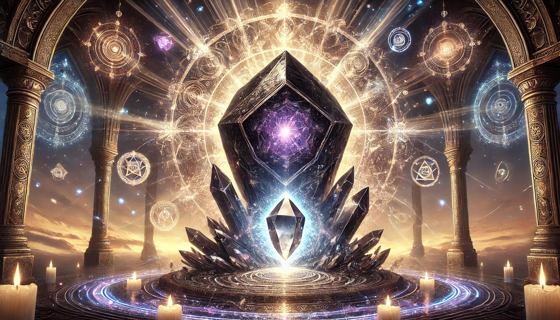 DALL%C2%B7E 2025 02 16 18.46.54 A mystical and powerful composition featuring an enormous Morion %E3%83%A2%E3%83%AA%E3%82%AA%E3%83%B3 and Clear Quartz %E6%B0%B4%E6%99%B6 showcasing their amplified spiritual properties. The de - モリオンの意味とは？最強の魔除け石が持つスピリチュアルな力
