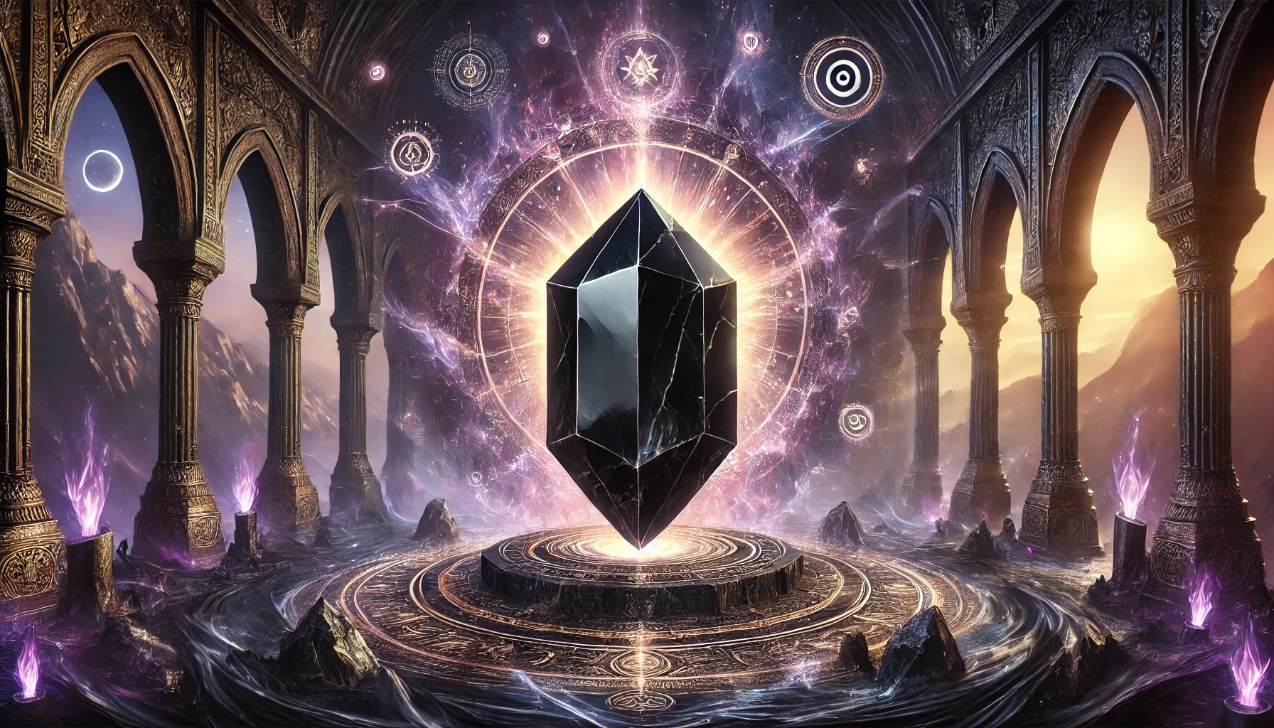 DALL%C2%B7E 2025 02 17 17.54.23 A mystical and powerful composition featuring an enormous polished Onyx %E3%82%AA%E3%83%8B%E3%82%AD%E3%82%B9 crystal symbolizing its immense strength resilience and protective e - オニキスはなぜ強い？パワーストーンとしての効果と魅力