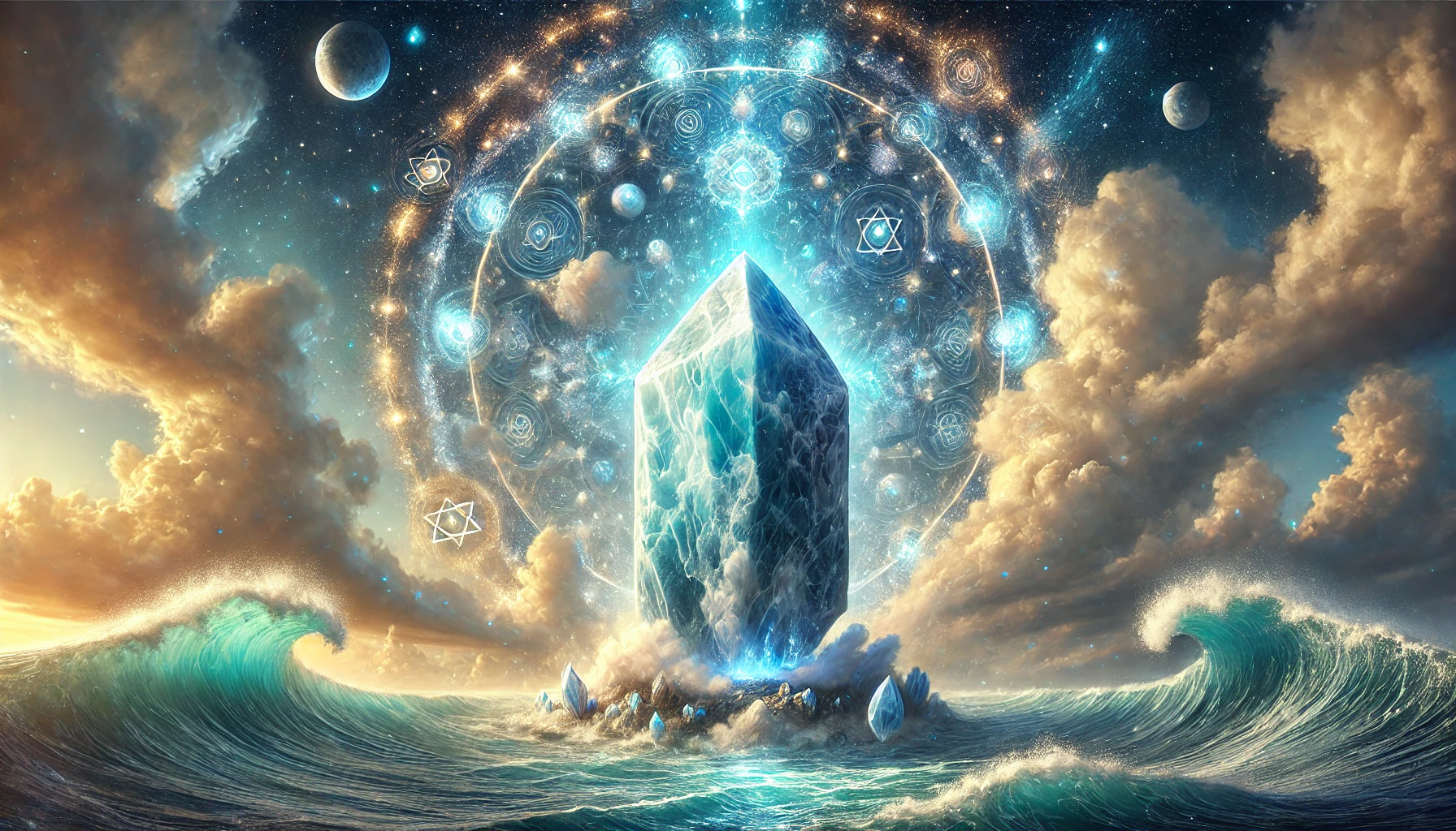 DALL%C2%B7E 2025 02 17 18.46.49 A mystical and serene composition featuring an enormous polished Larimar %E3%83%A9%E3%83%AA%E3%83%9E%E3%83%BC crystal symbolizing its deep connection to intuition spiritual aware - ラリマーと霊感の深い関係！直感力・精神安定に与えるパワー