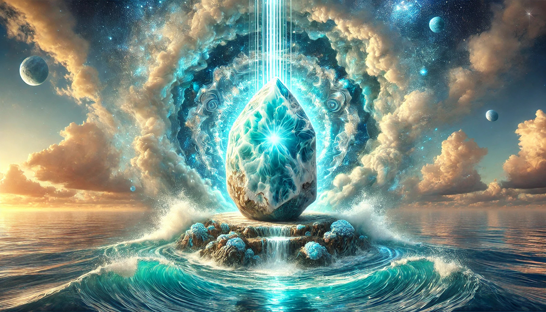 DALL%C2%B7E 2025 02 17 18.47.59 A mystical and serene composition featuring an enormous polished Larimar %E3%83%A9%E3%83%AA%E3%83%9E%E3%83%BC crystal symbolizing its deep connection to intuition spiritual aware - ラリマーと霊感の深い関係！直感力・精神安定に与えるパワー
