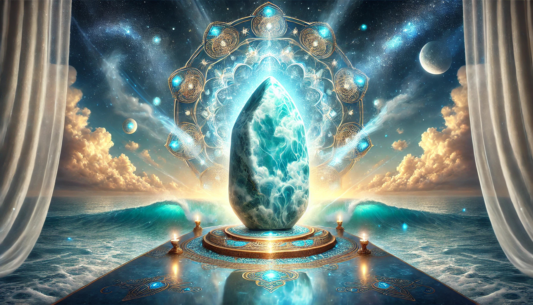 DALL%C2%B7E 2025 02 17 18.50.00 A mystical and serene composition featuring an enormous polished Larimar %E3%83%A9%E3%83%AA%E3%83%9E%E3%83%BC crystal symbolizing its deep connection to intuition spiritual aware - ラリマーと霊感の深い関係！直感力・精神安定に与えるパワー