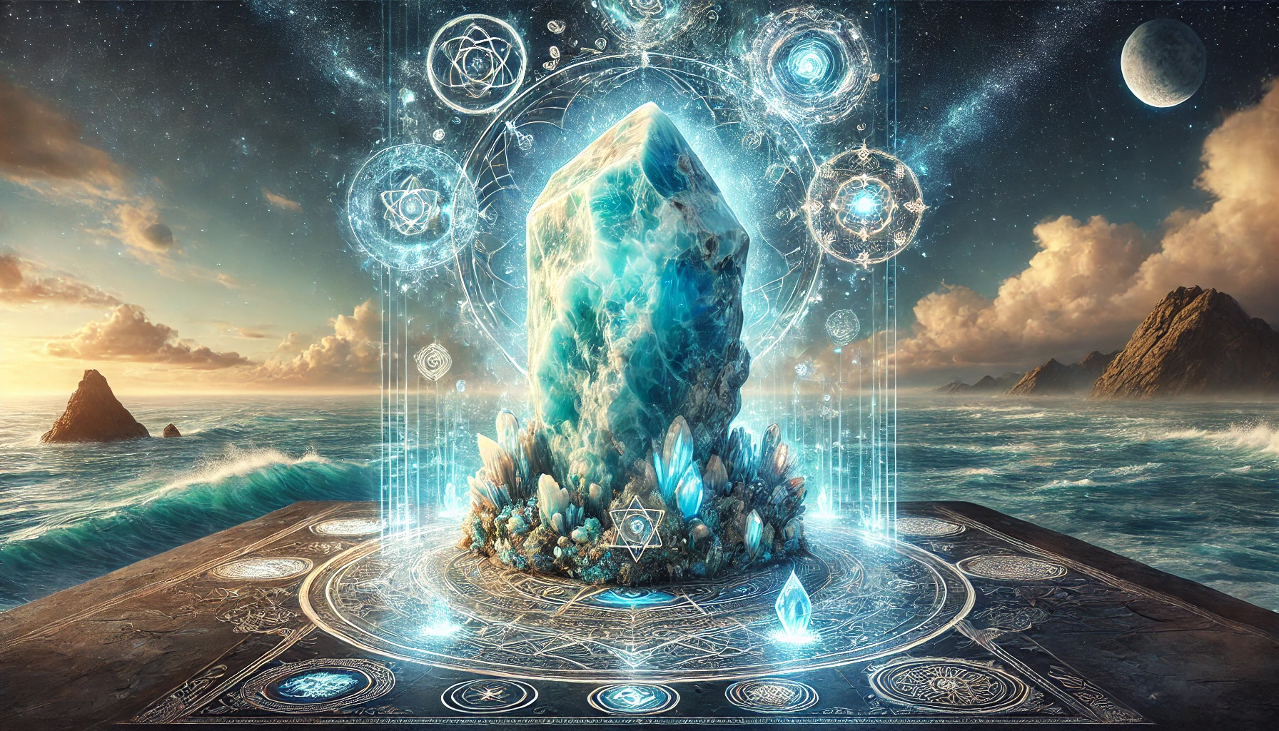 DALL%C2%B7E 2025 02 17 18.50.51 A mystical and serene composition featuring an enormous polished Larimar %E3%83%A9%E3%83%AA%E3%83%9E%E3%83%BC crystal symbolizing its deep connection to intuition spiritual aware - ラリマーと霊感の深い関係！直感力・精神安定に与えるパワー