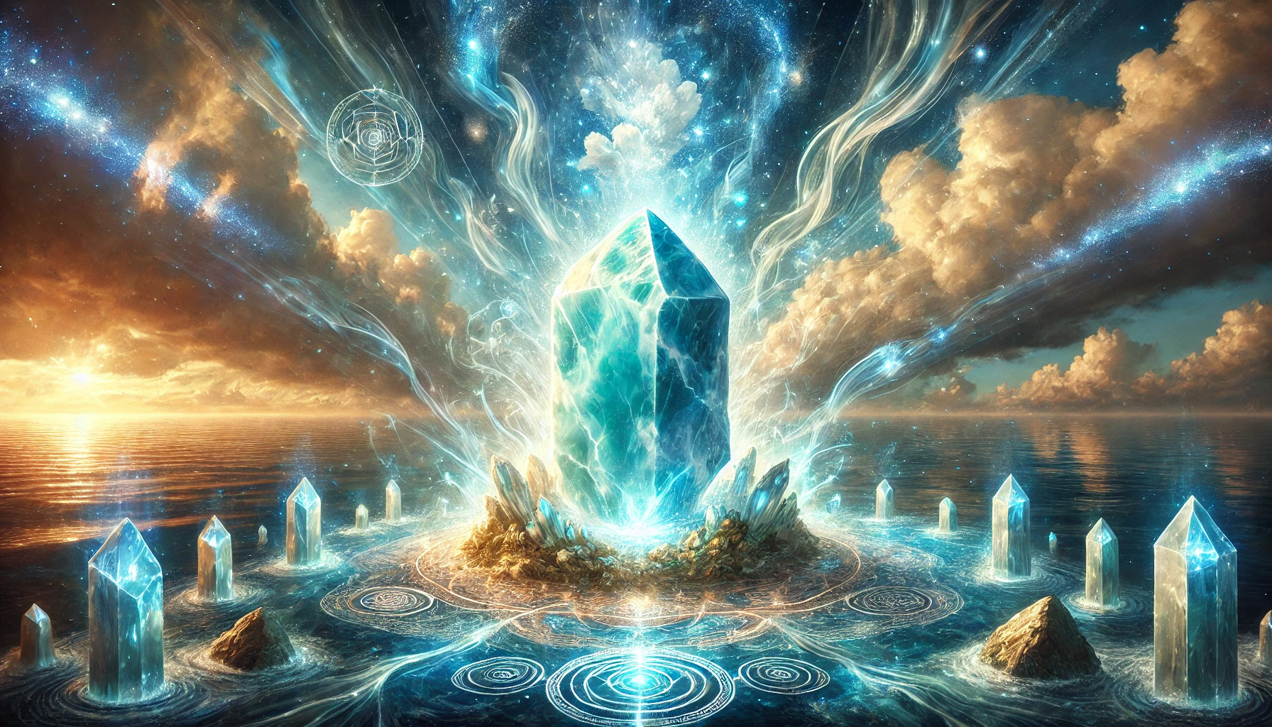 DALL%C2%B7E 2025 02 17 18.52.13 A mystical and serene composition featuring an enormous polished Larimar %E3%83%A9%E3%83%AA%E3%83%9E%E3%83%BC crystal symbolizing its deep connection to intuition spiritual aware - ラリマーと霊感の深い関係！直感力・精神安定に与えるパワー