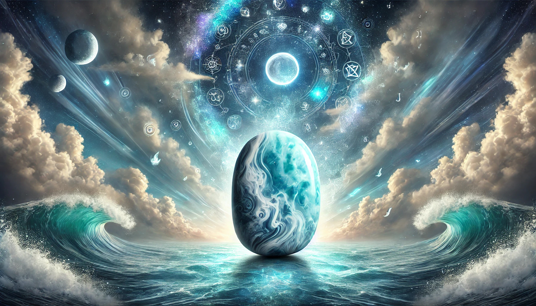 DALL%C2%B7E 2025 02 17 18.55.43 A mystical and serene composition featuring a polished Larimar %E3%83%A9%E3%83%AA%E3%83%9E%E3%83%BC cabochon gemstone symbolizing its deep connection to intuition spiritual aware - ラリマーと霊感の深い関係！直感力・精神安定に与えるパワー