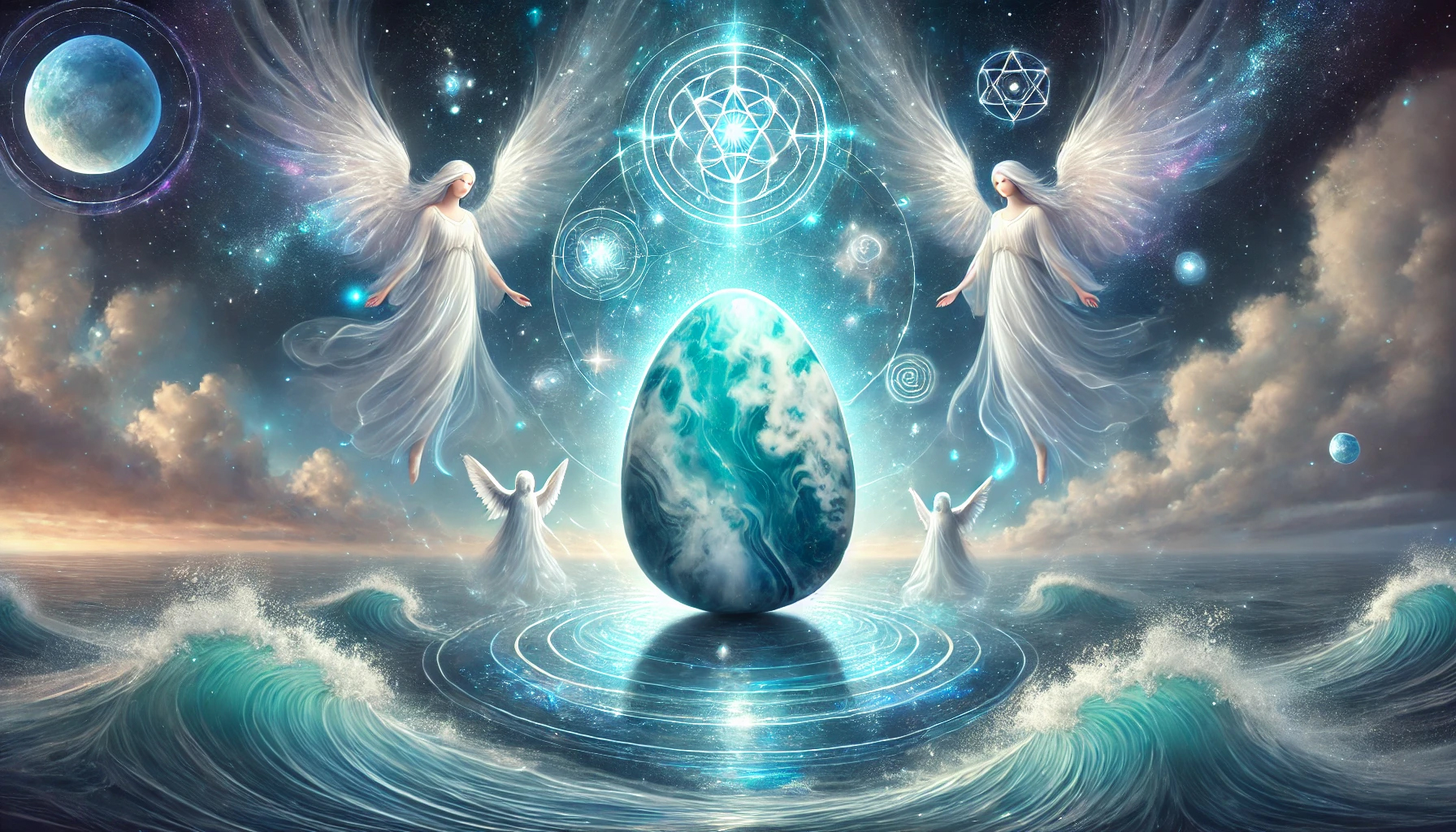 DALL%C2%B7E 2025 02 17 18.58.13 A mystical and serene composition featuring a polished Larimar %E3%83%A9%E3%83%AA%E3%83%9E%E3%83%BC cabochon gemstone symbolizing its deep connection to intuition spiritual aware - ラリマーと霊感の深い関係！直感力・精神安定に与えるパワー