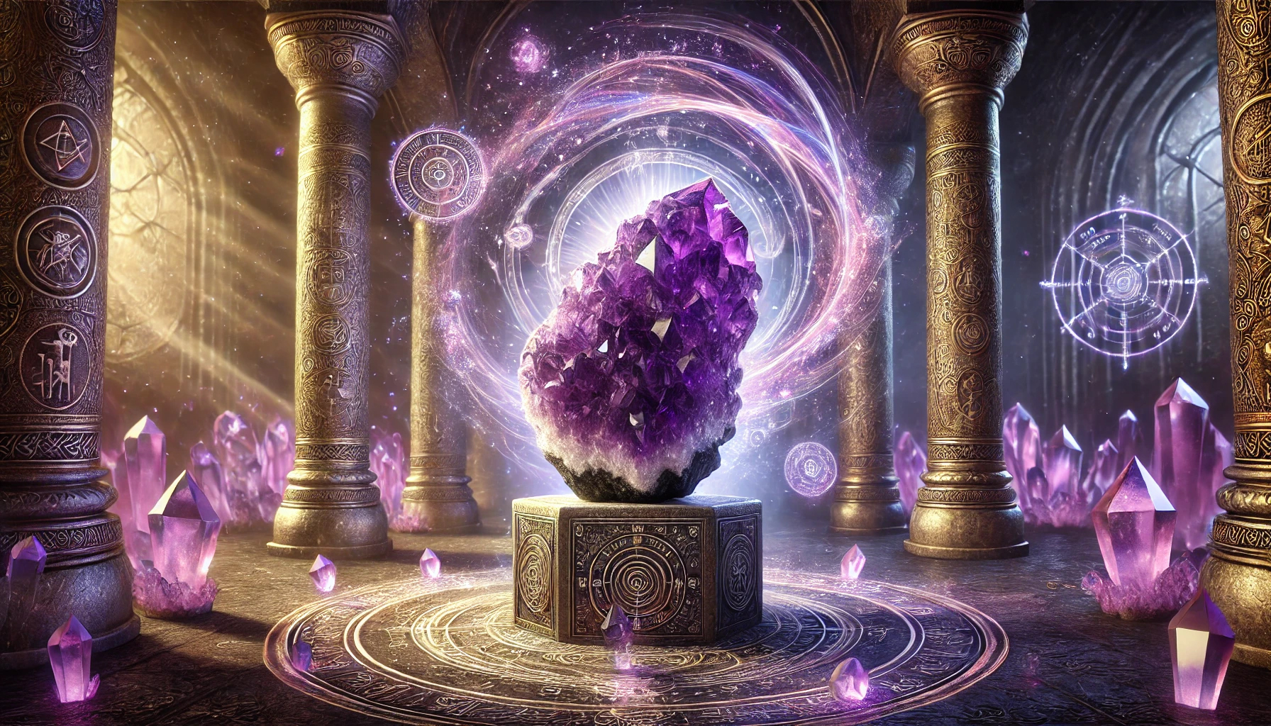 DALL%C2%B7E 2025 02 18 07.35.44 A mystical and enchanting composition featuring a raw Amethyst %E3%82%A2%E3%83%A1%E3%82%B7%E3%82%99%E3%82%B9%E3%83%88 crystal symbolizing its power to enhance intuition spiritual awareness and p - アメジストで霊感が開花する？持つことで変わるエネルギーの影響とは