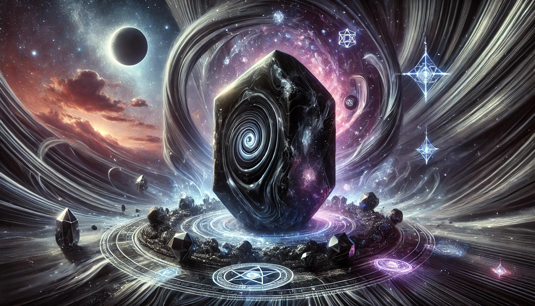 DALL%C2%B7E 2025 02 18 08.27.17 A mystical and powerful composition featuring an enormous polished Onyx %E3%82%AA%E3%83%8B%E3%82%AD%E3%82%B9 crystal symbolizing its role in stabilizing energy and enhancing spiri - オニキスと霊感の関係｜エネルギーを安定させる黒の守護石