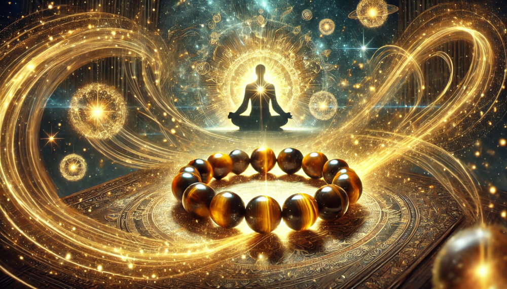 DALL%C2%B7E 2025 03 06 09.54.34 A mystical composition featuring a glowing tigers eye bracelet radiating an even more intense golden brown aura. The bracelets luminous energy is a - 霊感とエネルギーを強化するタイガーアイ！特徴や効果的な使い方を解説