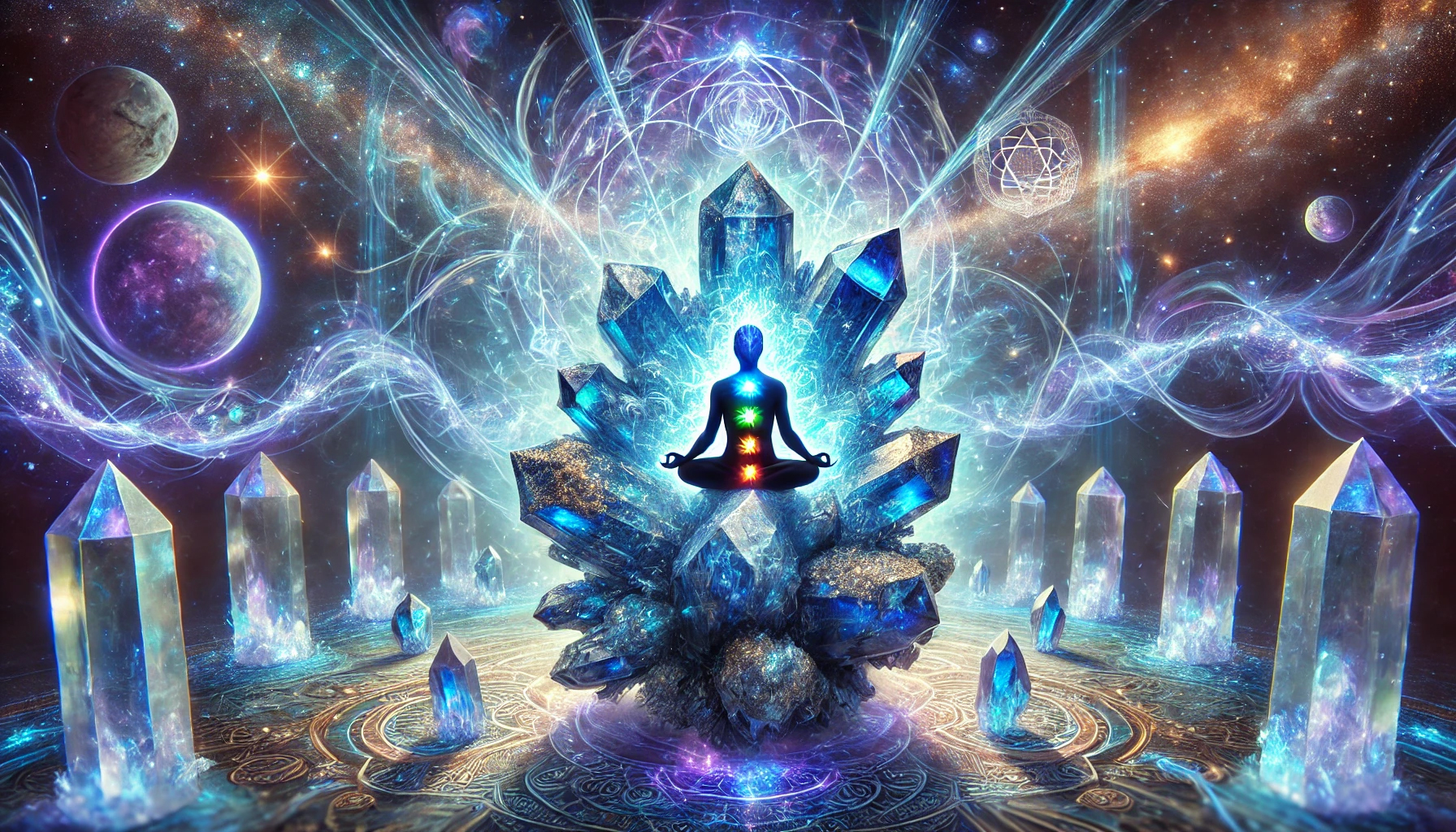 DALL%C2%B7E 2025 03 18 19.56.15 A mystical scene featuring a glowing Lazurite crystal cluster floating above a meditating figure aligning with their chakras. The Lazurite cluster co - ラズライトと霊感｜直感力を高める特徴とスピリチュアルな影響