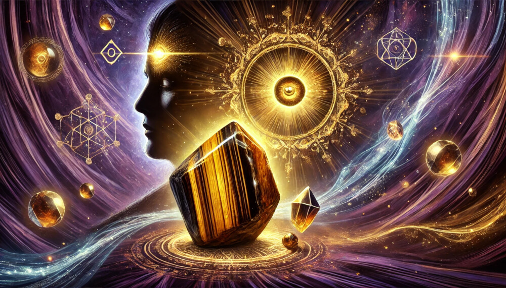 DALL%C2%B7E 2025 04 02 14.04.08 A mystical fantasy illustration showcasing the spiritual power of tigers eye for people with strong intuition. A glowing raw tigers eye crystal floa - 霊感を高める？タイガーアイの持つ特徴と驚異的なエネルギー