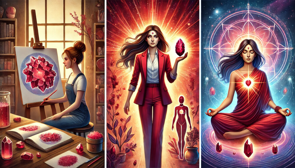 DALL%C2%B7E 2025 04 02 23.27.43 A symbolic spiritual illustration showing three different women each representing a type of person who resonates with garnet. Left  A passionate arti - ガーネットが合う人の特徴とは？理由と効果を詳しく紹介！