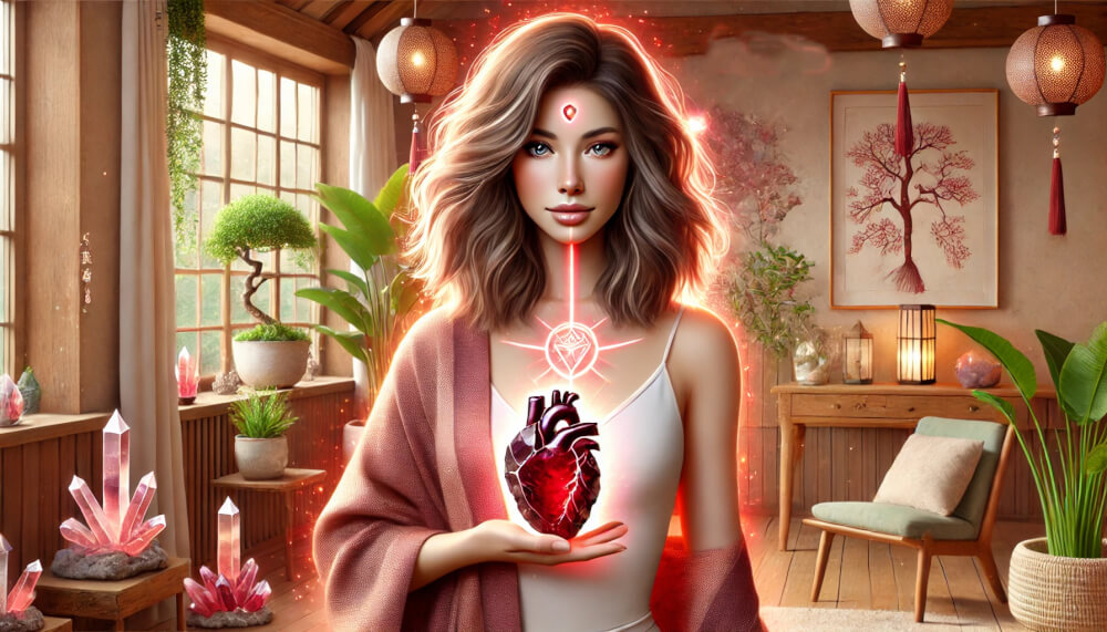 DALL%C2%B7E 2025 04 02 23.27.52 A spiritual and elegant digital illustration featuring a confident woman holding a raw garnet crystal. She is standing gracefully in a peaceful room d - ガーネットが合う人の特徴とは？理由と効果を詳しく紹介！
