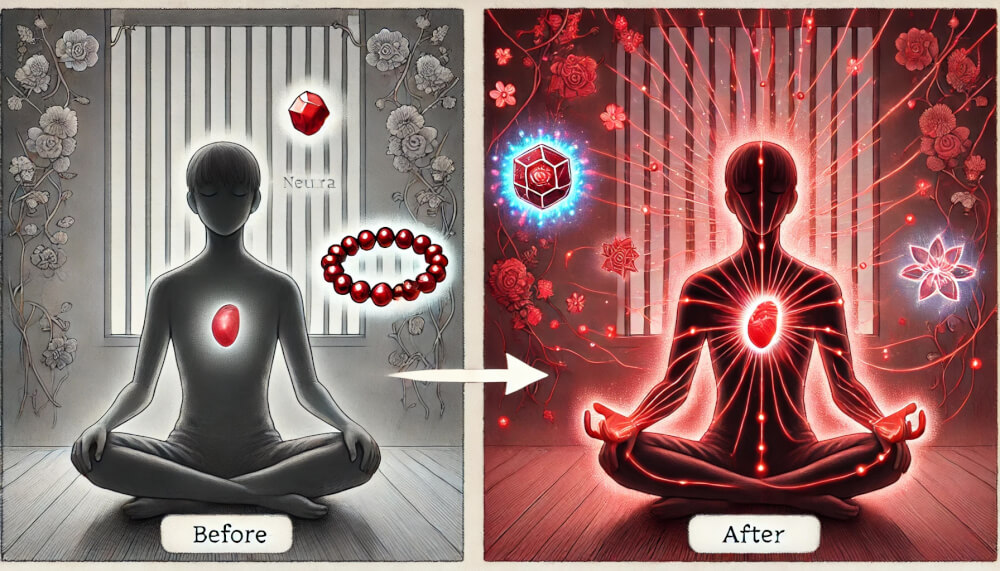 DALL%C2%B7E 2025 04 02 23.28.24 A 2 panel comparison illustration showing a person before and after using garnet jewelry. Panel 1 left  A person sits in meditation with a neutral a - ガーネットが合う人の特徴とは？理由と効果を詳しく紹介！