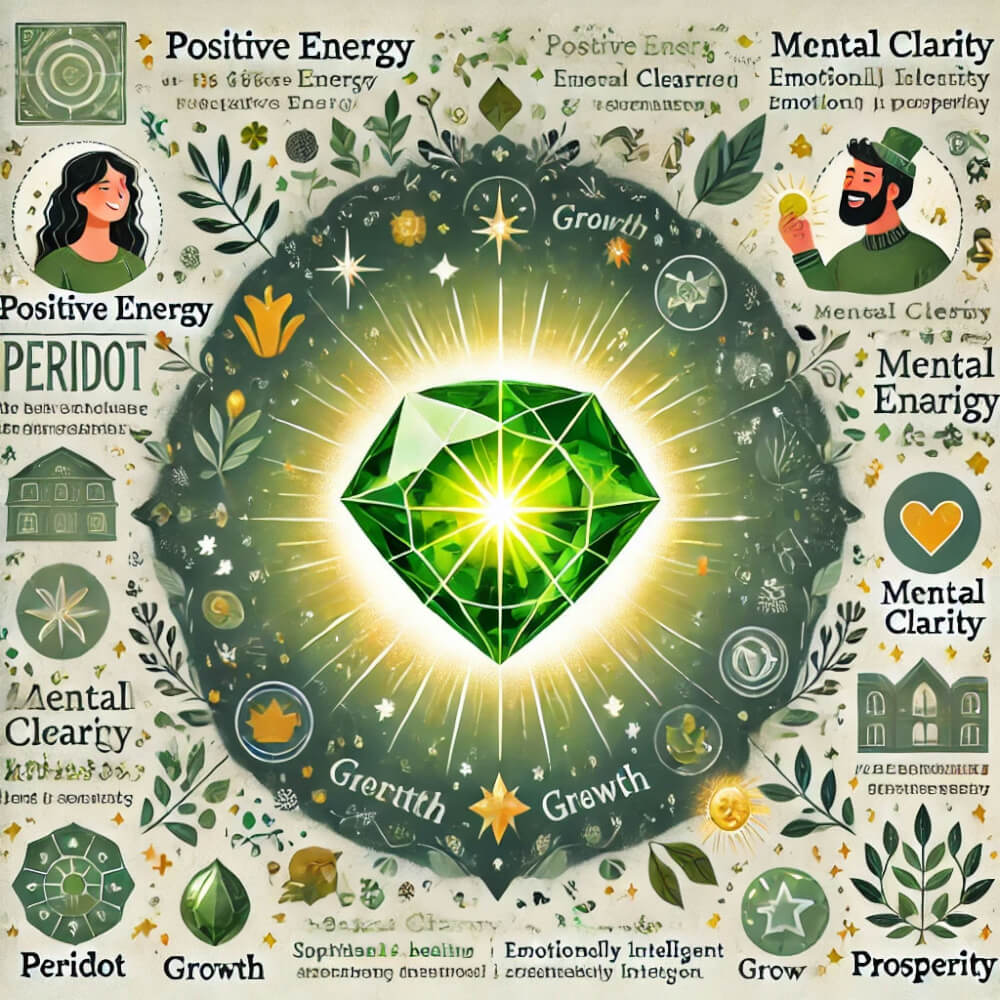 DALL%C2%B7E 2025 05 23 05.57.05 A visually appealing infographic style image illustrating the benefits of the gemstone peridot and the type of people it suits. The design includes a  - ペリドットが合う人の条件とは？効果を最大限に活かすポイント