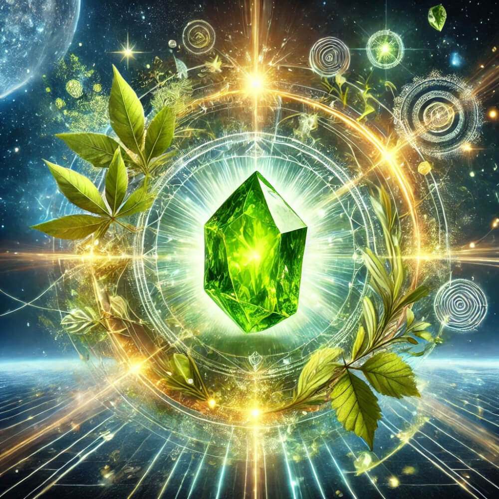 DALL%C2%B7E 2025 05 23 05.57.08 A mystical and visually striking image featuring a raw peridot crystal glowing with energy. The peridot is placed at the center radiating vibrant gre - ペリドットが合う人の条件とは？効果を最大限に活かすポイント