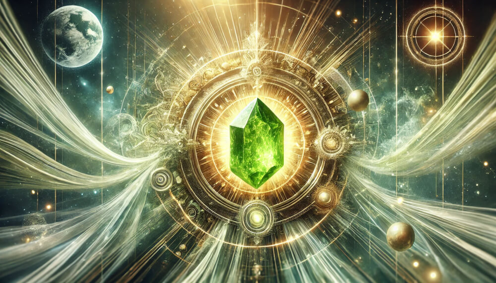 DALL%C2%B7E 2025 05 23 05.57.25 A wide aspect mystical and futuristic style image featuring a raw peridot crystal glowing at the center radiating with vibrant green and golden light - ペリドットが合う人の条件とは？効果を最大限に活かすポイント