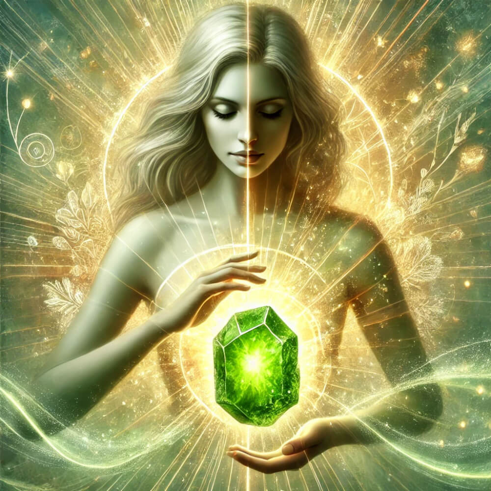 DALL%C2%B7E 2025 05 23 05.57.32 A symbolic and artistic image featuring a raw peridot crystal radiating vibrant green and golden energy accompanied by a serene empowered woman. The - ペリドットが合う人の条件とは？効果を最大限に活かすポイント