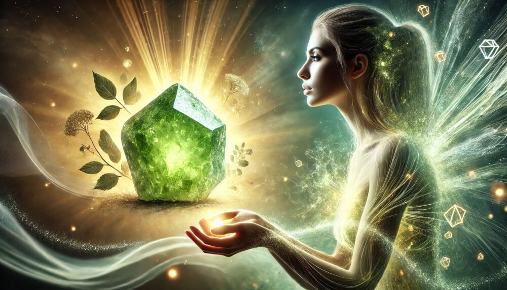 DALL%C2%B7E 2025 05 23 05.57.53 A wide aspect symbolic and mystical image featuring a raw peridot crystal radiating vibrant green and golden energy alongside a serene empowered wom - ペリドットが合う人の条件とは？効果を最大限に活かすポイント