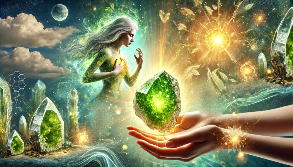 DALL%C2%B7E 2025 05 23 05.58.02 A wide aspect symbolic and mystical image featuring a raw peridot crystal radiating vibrant green and golden energy alongside a serene empowered wom - ペリドットが合う人の条件とは？効果を最大限に活かすポイント