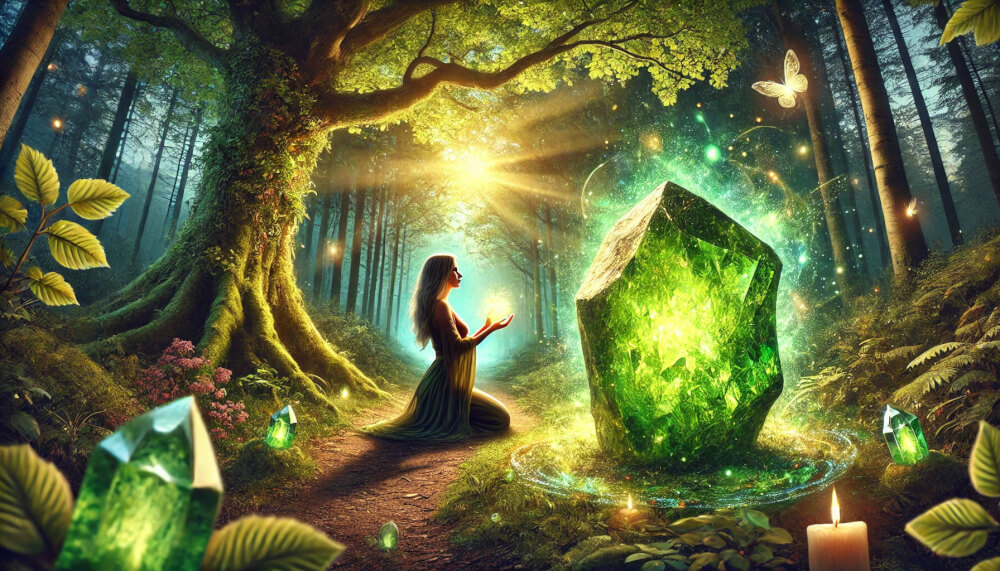 DALL%C2%B7E 2025 05 23 05.58.40 A wide aspect mystical and nature inspired image featuring a raw peridot crystal glowing with green and golden energy in a lush forest setting. A sere - ペリドットが合う人の条件とは？効果を最大限に活かすポイント