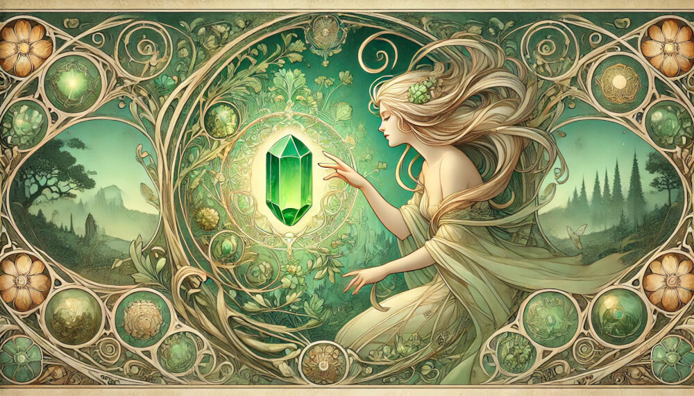 DALL%C2%B7E 2025 05 23 05.59.13 A wide aspect Art Nouveau style image featuring a raw peridot crystal glowing with green and golden light in a mystical forest. A graceful woman with  - ペリドットが合う人の条件とは？効果を最大限に活かすポイント