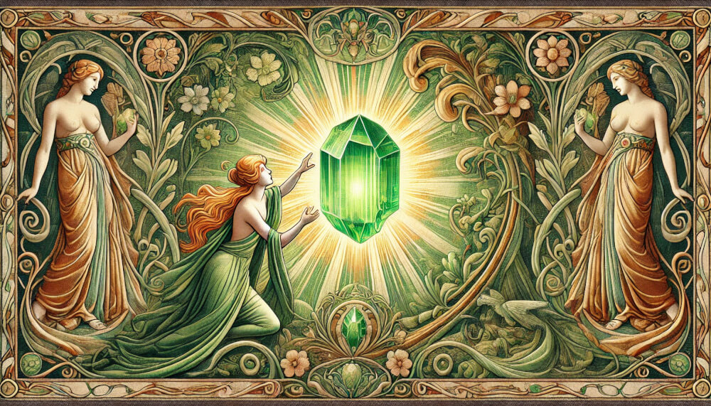 DALL%C2%B7E 2025 05 23 05.59.45 A wide aspect tapestry style image inspired by Art Nouveau featuring a raw peridot crystal glowing with green and golden light in a mystical forest s - ペリドットが合う人の条件とは？効果を最大限に活かすポイント