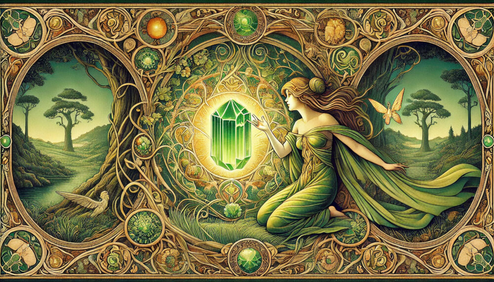 DALL%C2%B7E 2025 05 23 05.59.50 A wide aspect tapestry style image inspired by Art Nouveau featuring a raw peridot crystal glowing with green and golden light in a mystical forest s - ペリドットが合う人の条件とは？効果を最大限に活かすポイント