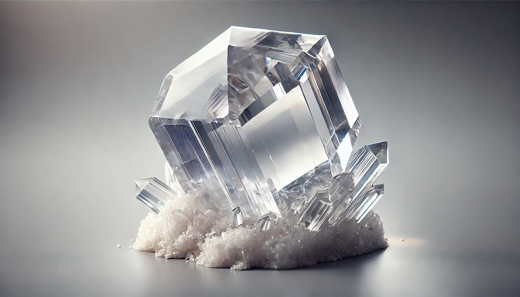 DALL%C2%B7E 2025 07 18 23.13.49 A wide aspect highly realistic and elegant image of a raw Goshenite crystal belonging to the hexagonal crystal system. The crystal is colorless and c - ゴシェナイトの石言葉は気品と優雅さ｜美しさを引き出すスピリチュアルな意味とは？