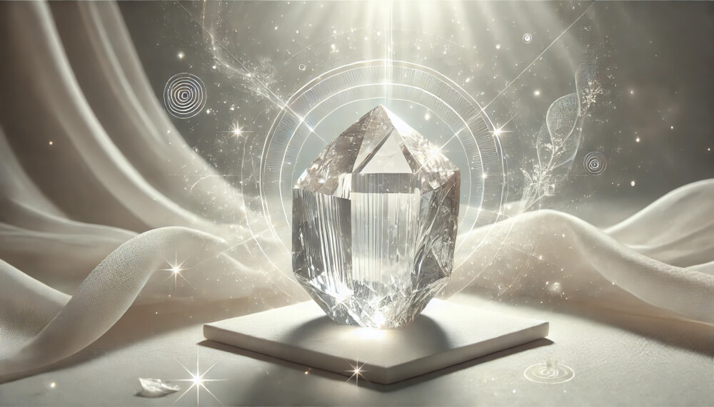DALL%C2%B7E 2025 07 18 23.26.19 A wide aspect ethereal and elegant image featuring a raw Goshenite crystal as the central element. The transparent colorless crystal is shown with i - ゴシェナイトの石言葉は気品と優雅さ｜美しさを引き出すスピリチュアルな意味とは？