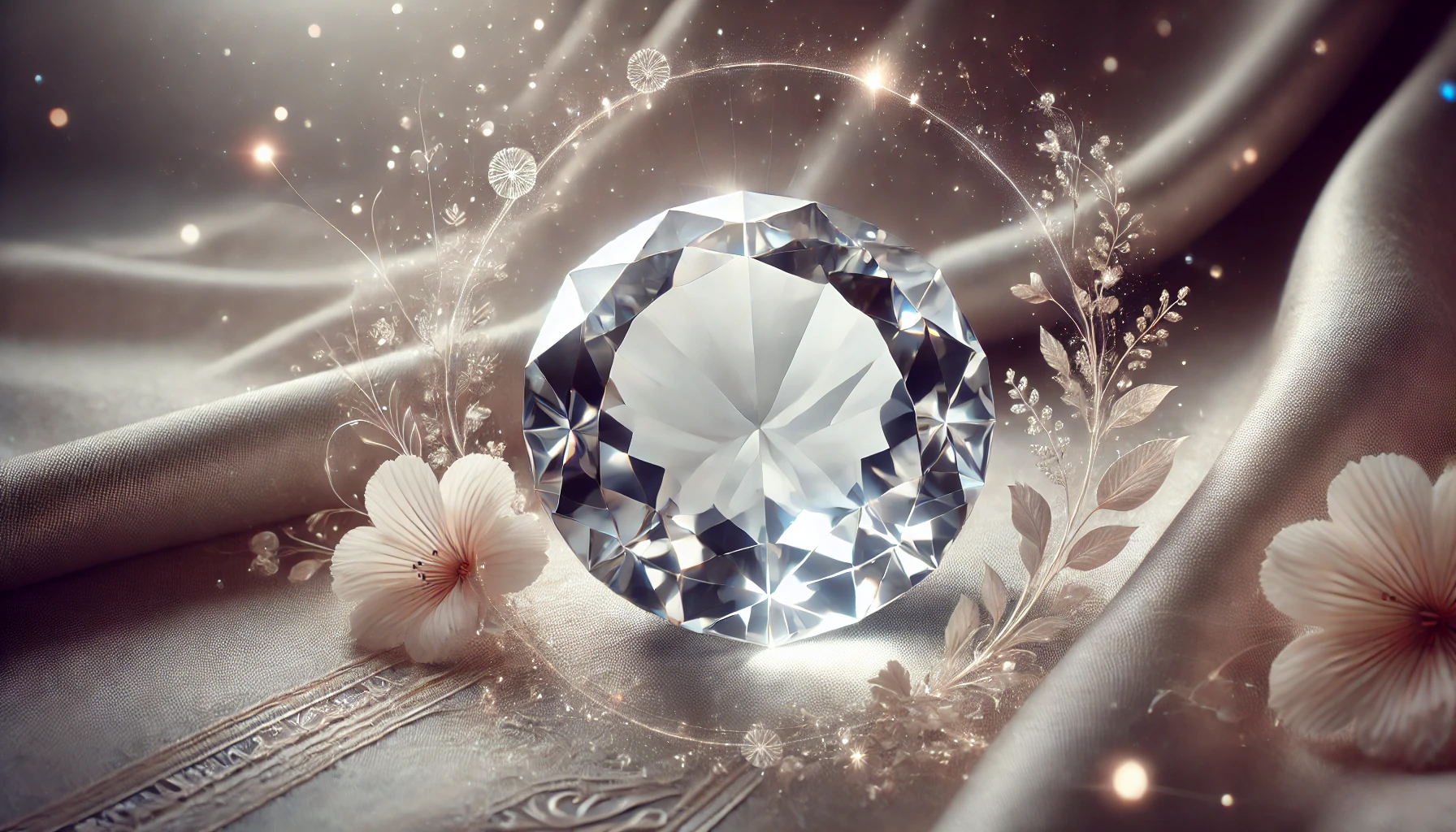 DALL%C2%B7E 2025 07 18 23.30.30 A wide aspect refined and spiritual image featuring a polished Goshenite faceted gemstone loose stone representing the concept of grace and inner - ゴシェナイトの石言葉は気品と優雅さ｜美しさを引き出すスピリチュアルな意味とは？