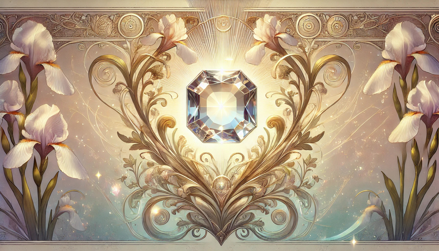 DALL%C2%B7E 2025 07 18 23.32.55 A wide aspect Art Nouveau inspired image for the theme elegance and spiritual beauty featuring a polished Goshenite faceted gemstone loose stone.  - ゴシェナイトの石言葉は気品と優雅さ｜美しさを引き出すスピリチュアルな意味とは？