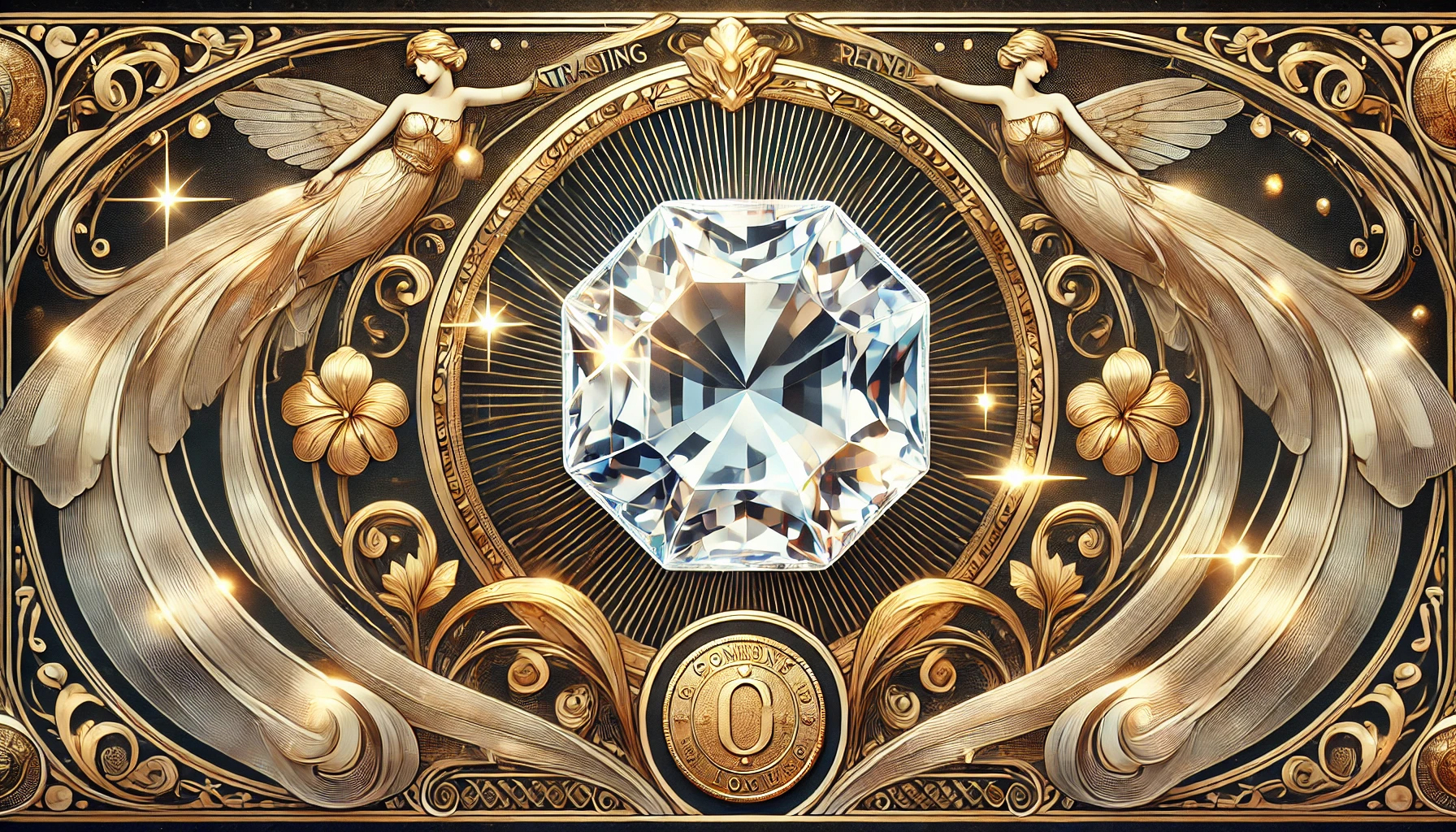 DALL%C2%B7E 2025 07 18 23.40.50 A wide aspect Art Nouveau inspired image for the theme Goshenite and attracting refined wealth. It features a polished Goshenite faceted gemstone  - ゴシェナイトの石言葉は気品と優雅さ｜美しさを引き出すスピリチュアルな意味とは？