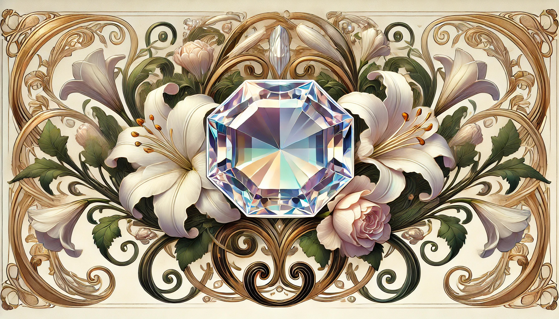 DALL%C2%B7E 2025 07 18 23.42.13 A wide aspect Art Nouveau inspired image featuring a polished Goshenite faceted gemstone loose stone surrounded by elegant flowing floral arrangem - ゴシェナイトの石言葉は気品と優雅さ｜美しさを引き出すスピリチュアルな意味とは？