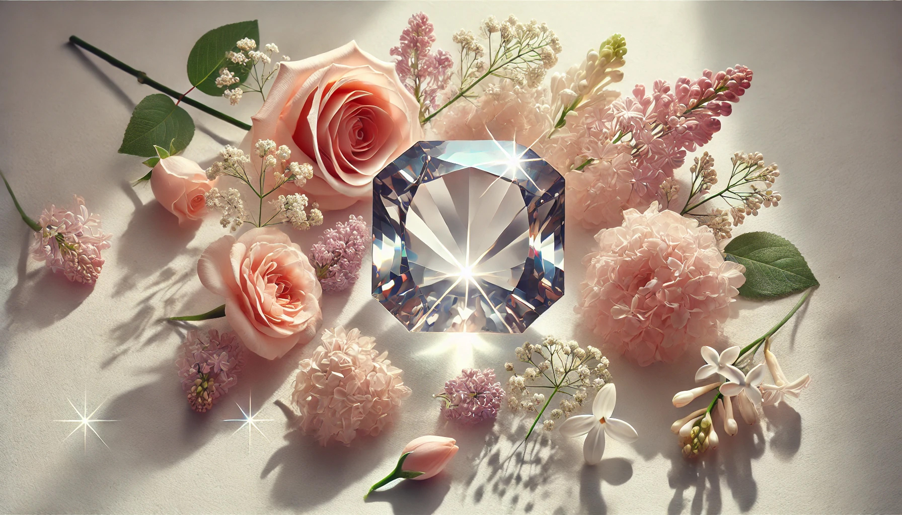 DALL%C2%B7E 2025 07 19 00.27.50 A wide aspect elegant and spiritually uplifting image featuring a polished Goshenite faceted gemstone loose stone surrounded by real soft toned flo - ゴシェナイトの石言葉は気品と優雅さ｜美しさを引き出すスピリチュアルな意味とは？