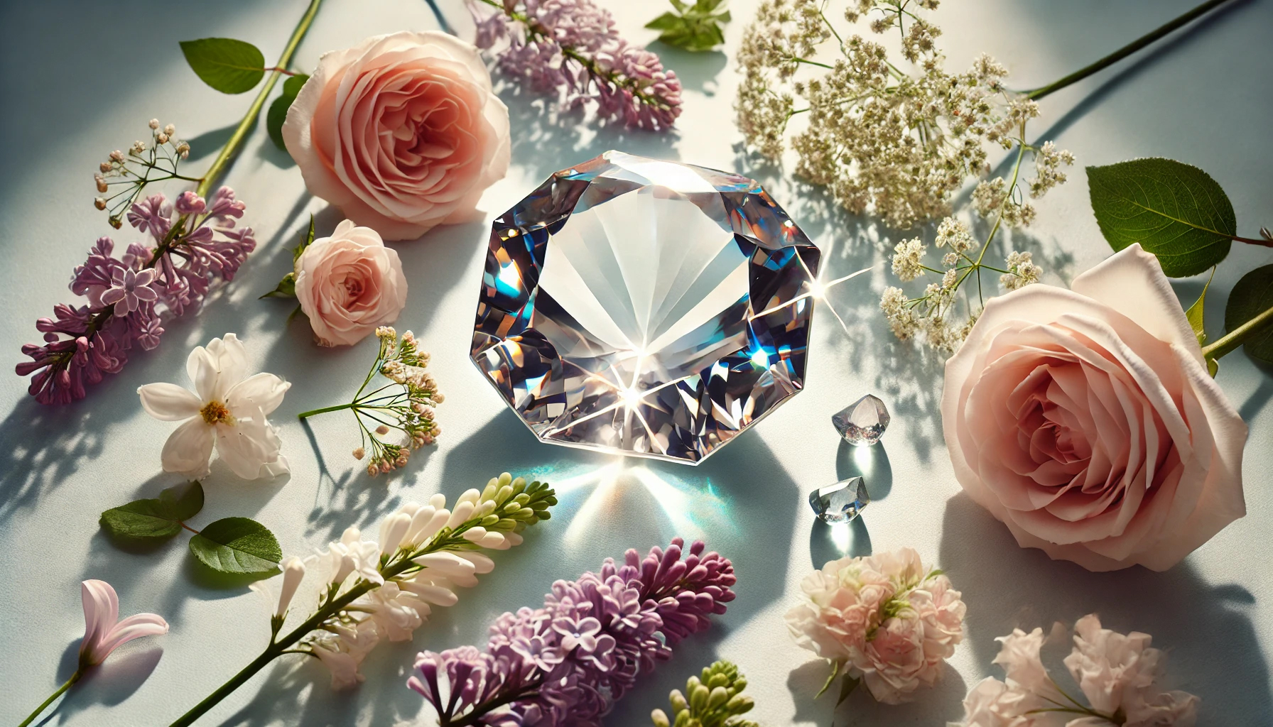 DALL%C2%B7E 2025 07 19 00.27.51 A wide aspect elegant and spiritually uplifting image featuring a polished Goshenite faceted gemstone loose stone surrounded by real soft toned flo - ゴシェナイトの石言葉は気品と優雅さ｜美しさを引き出すスピリチュアルな意味とは？