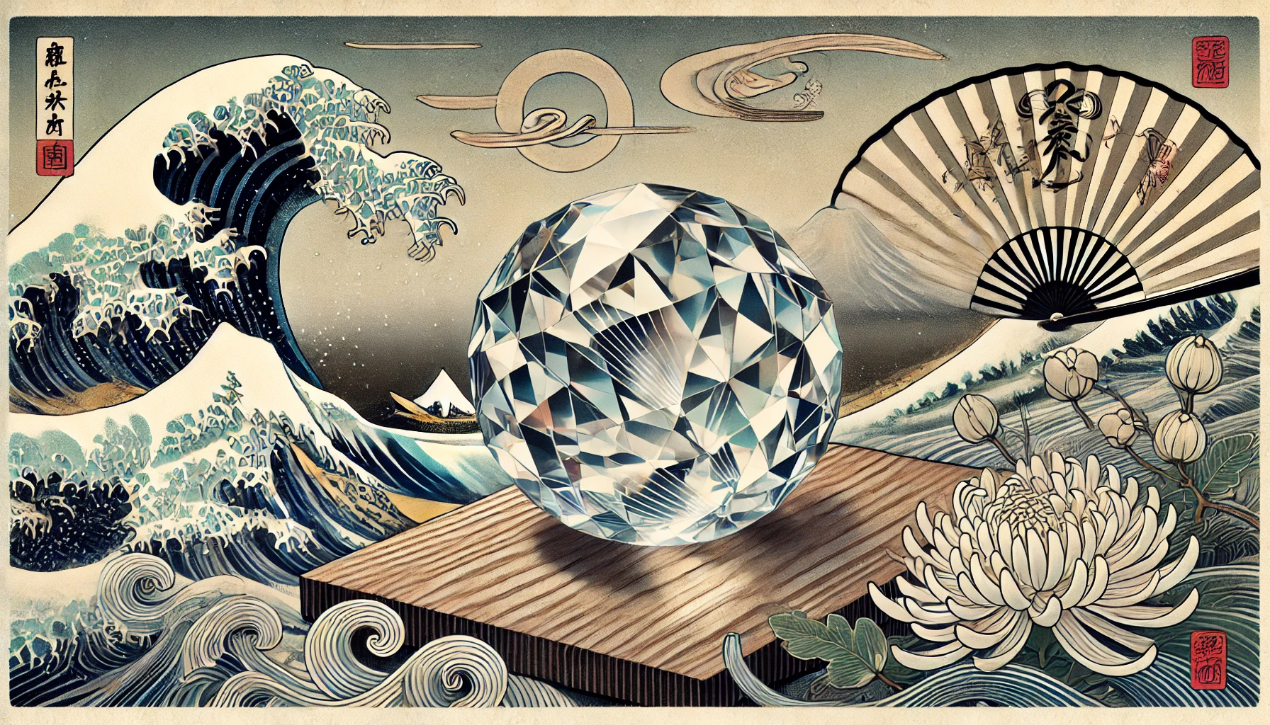 DALL%C2%B7E 2025 07 19 00.30.39 A wide aspect image in traditional Japanese ukiyo e style featuring a polished Goshenite gemstone loose stone placed in a serene symbolic setting - ゴシェナイトの石言葉は気品と優雅さ｜美しさを引き出すスピリチュアルな意味とは？