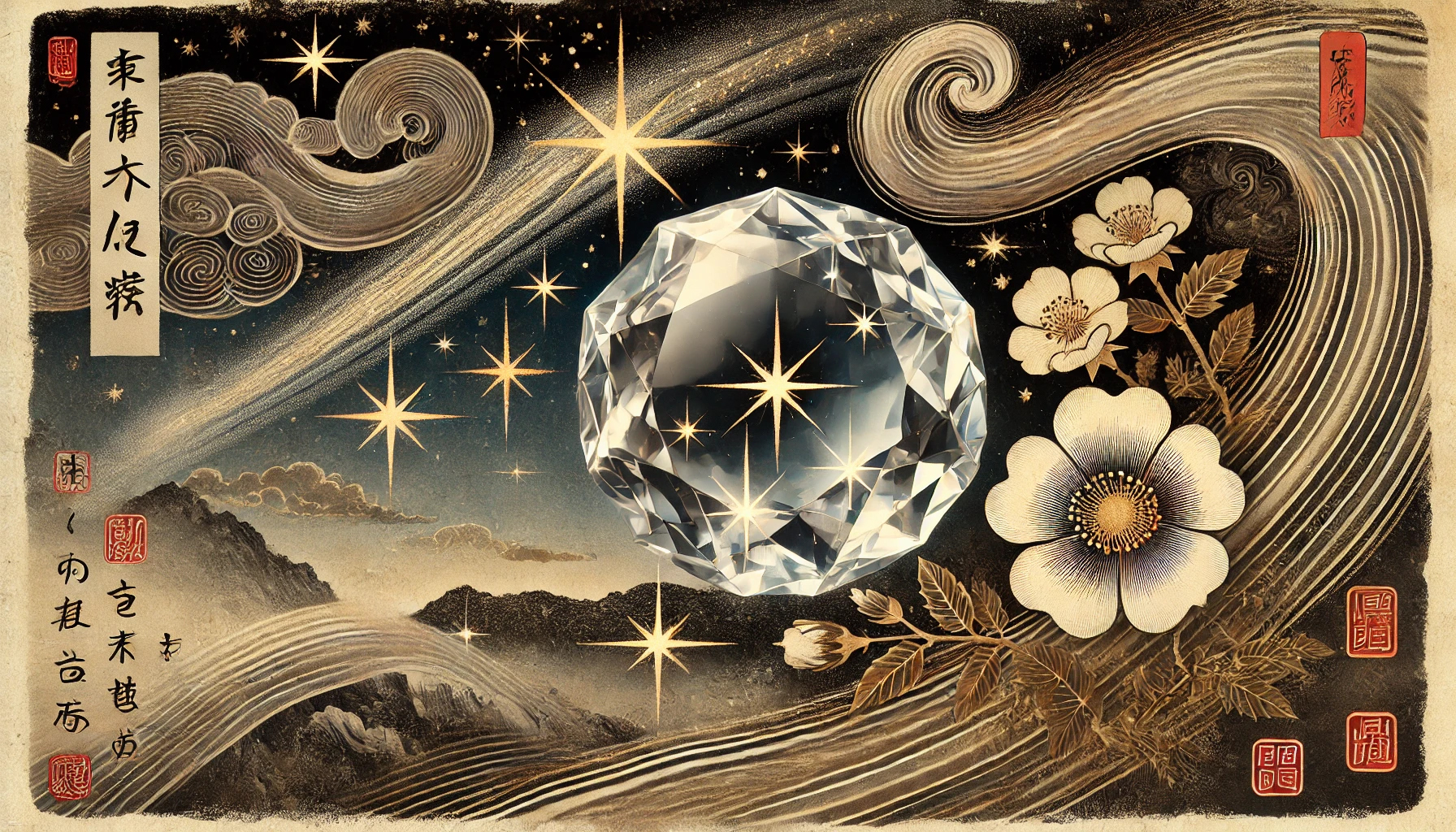 DALL%C2%B7E 2025 07 19 00.31.56 A wide aspect image in traditional Japanese ukiyo e style featuring a polished Goshenite gemstone loose stone placed in a symbolic night scene. The - ゴシェナイトの石言葉は気品と優雅さ｜美しさを引き出すスピリチュアルな意味とは？