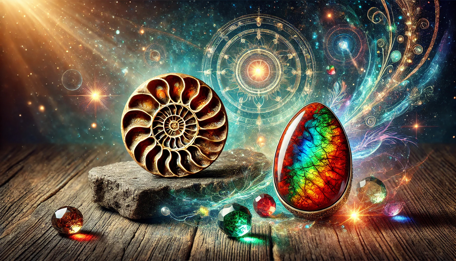DALL%C2%B7E 2025 07 22 12.29.02 A wide aspect spiritual and powerful image featuring both an Ammolite gemstone and an Ammonite fossil. The Ammolite shines with iridescent colors%E2%80%94red 1 - アンモライトの石言葉「才能と幸運」を引き出す意味とスピリチュアル効果