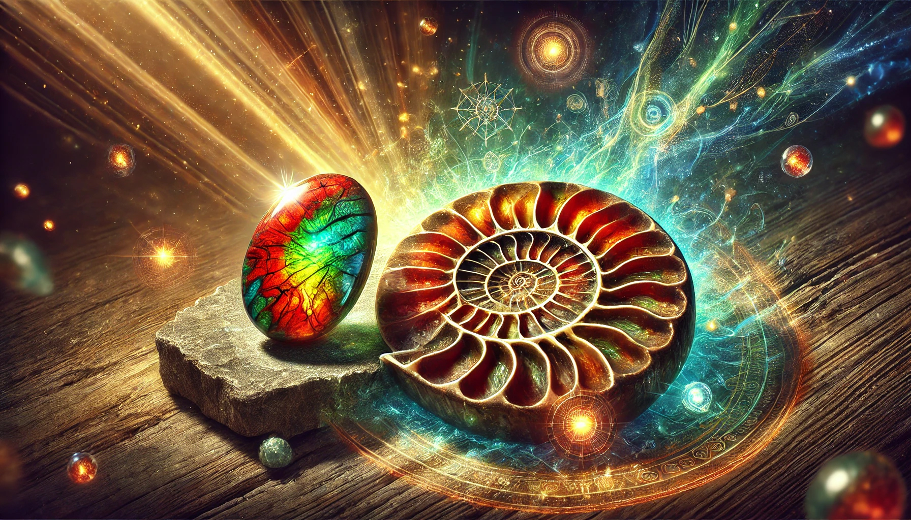 DALL%C2%B7E 2025 07 22 12.29.03 A wide aspect spiritual and powerful image featuring both an Ammolite gemstone and an Ammonite fossil. The Ammolite shines with iridescent colors%E2%80%94red 1 - アンモライトの石言葉「才能と幸運」を引き出す意味とスピリチュアル効果