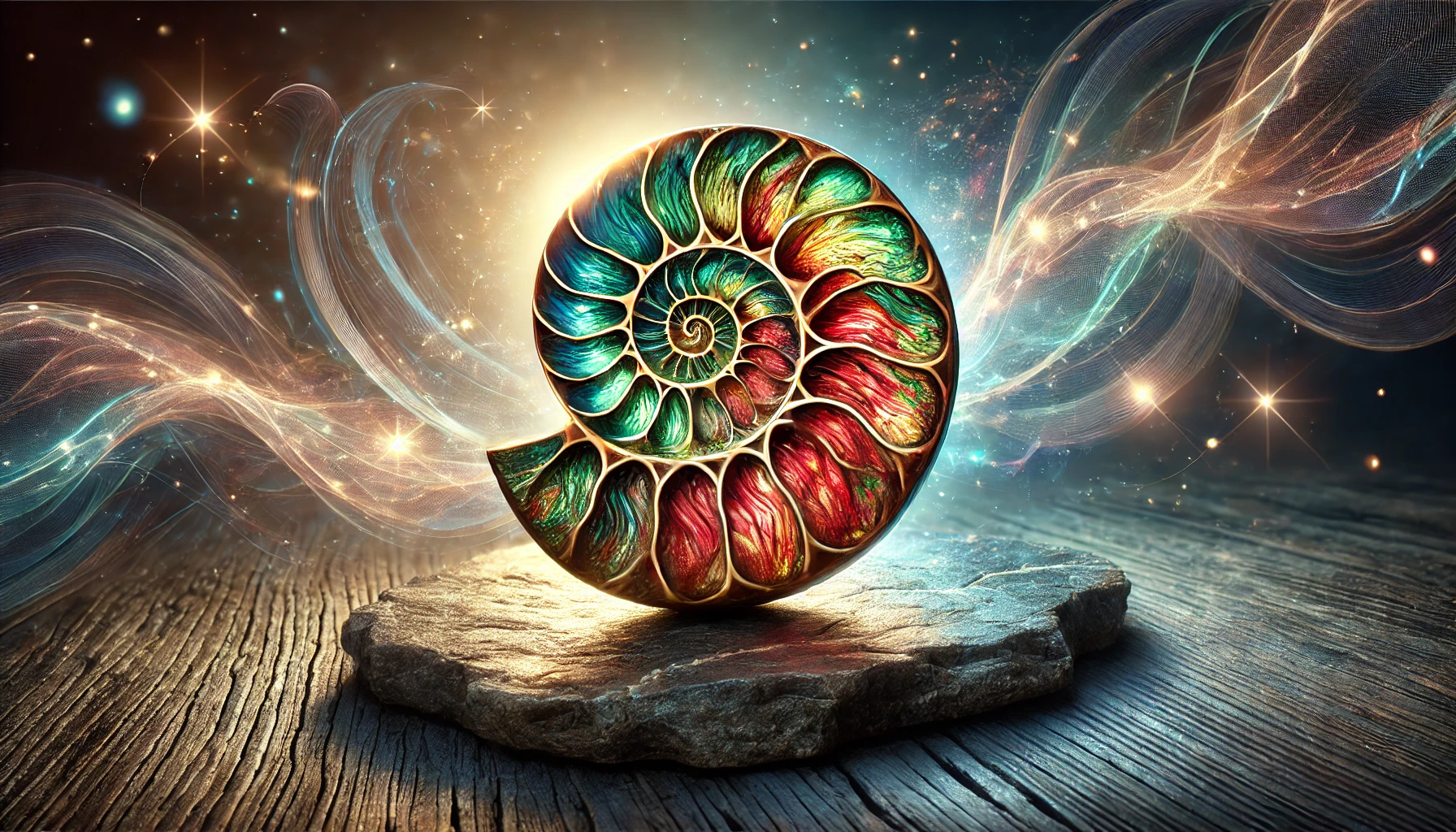 DALL%C2%B7E 2025 07 22 12.29.06 A wide aspect powerful and mystical image featuring a naturally iridescent Ammolite gemstone in the form of an Ammonite fossil. The fossil displays v - アンモライトの石言葉「才能と幸運」を引き出す意味とスピリチュアル効果