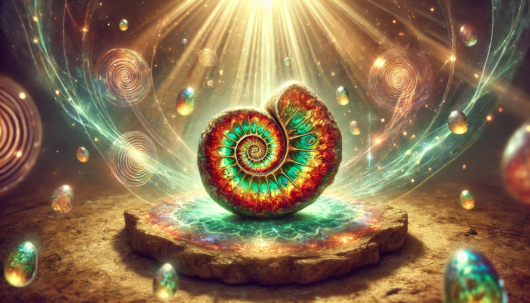 DALL%C2%B7E 2025 07 22 12.31.15 A wide aspect mystical and uplifting image themed around the meaning and effects of Ammolite. The image features a radiant Ammolite fossil with rainb - アンモライトの石言葉「才能と幸運」を引き出す意味とスピリチュアル効果