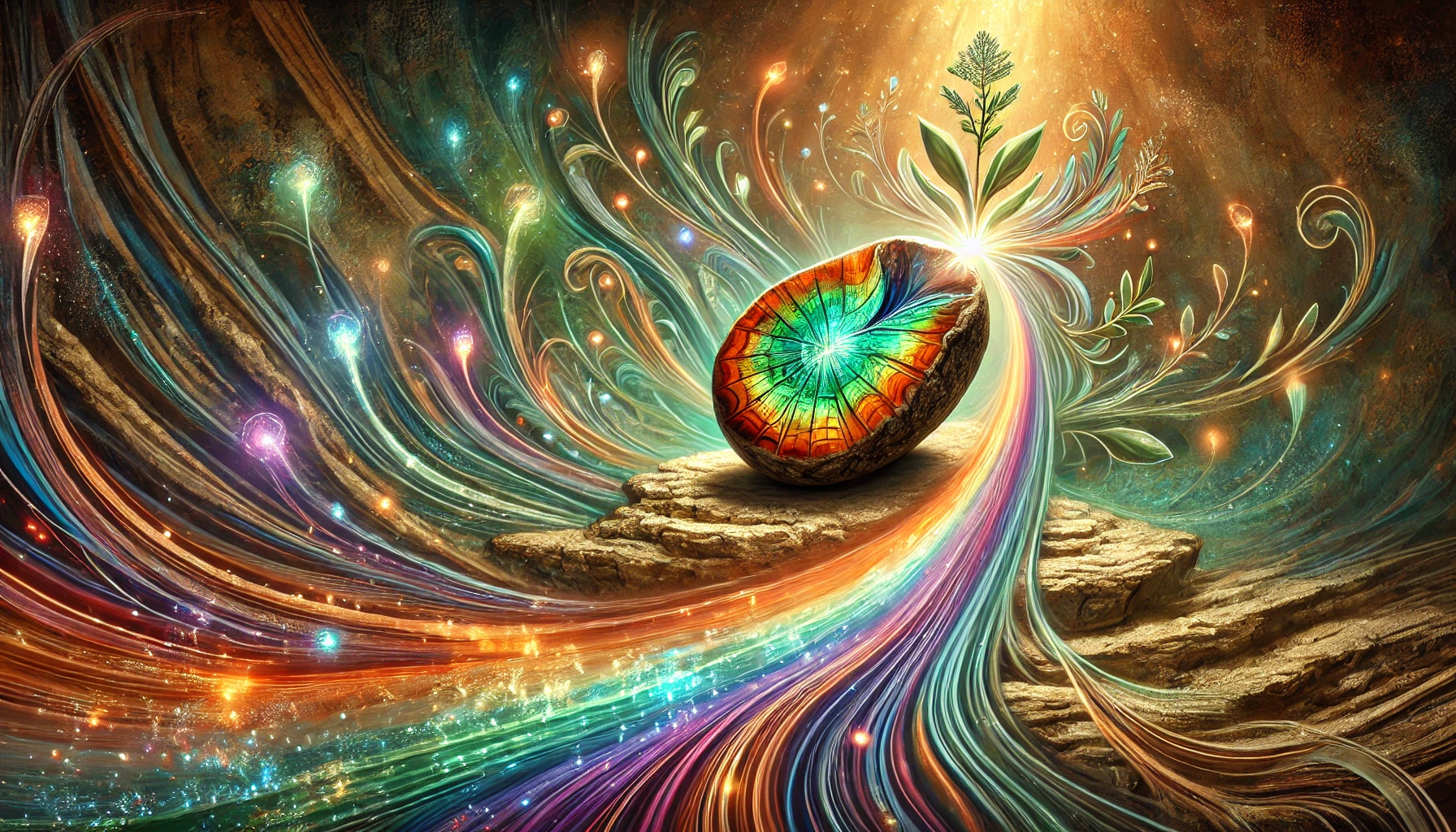DALL%C2%B7E 2025 07 22 12.31.51 A wide aspect vibrant and spiritual image representing the theme Ammolite and the power of talent. Featuring a radiant Ammolite fossil with rainbow - アンモライトの石言葉「才能と幸運」を引き出す意味とスピリチュアル効果