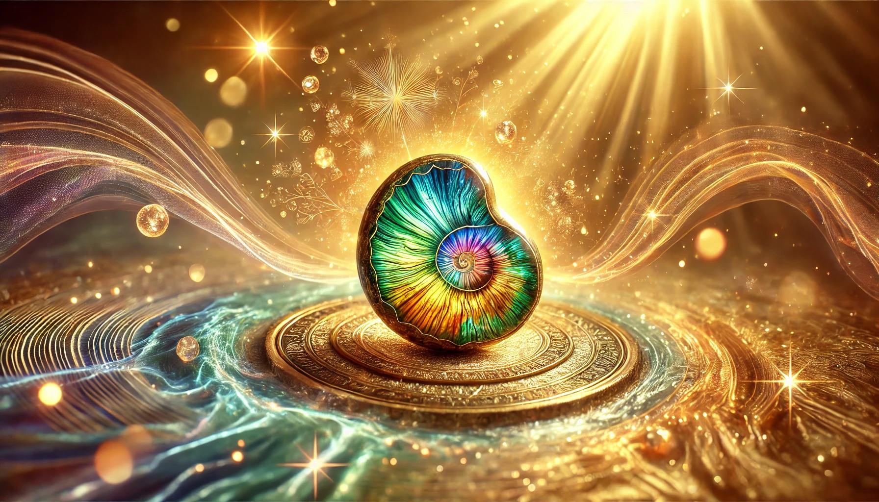 DALL%C2%B7E 2025 07 22 12.32.54 A wide aspect spiritual and vibrant image themed Ammolite and its connection to luck. Featuring a radiant Ammolite fossil with iridescent colors t - アンモライトの石言葉「才能と幸運」を引き出す意味とスピリチュアル効果