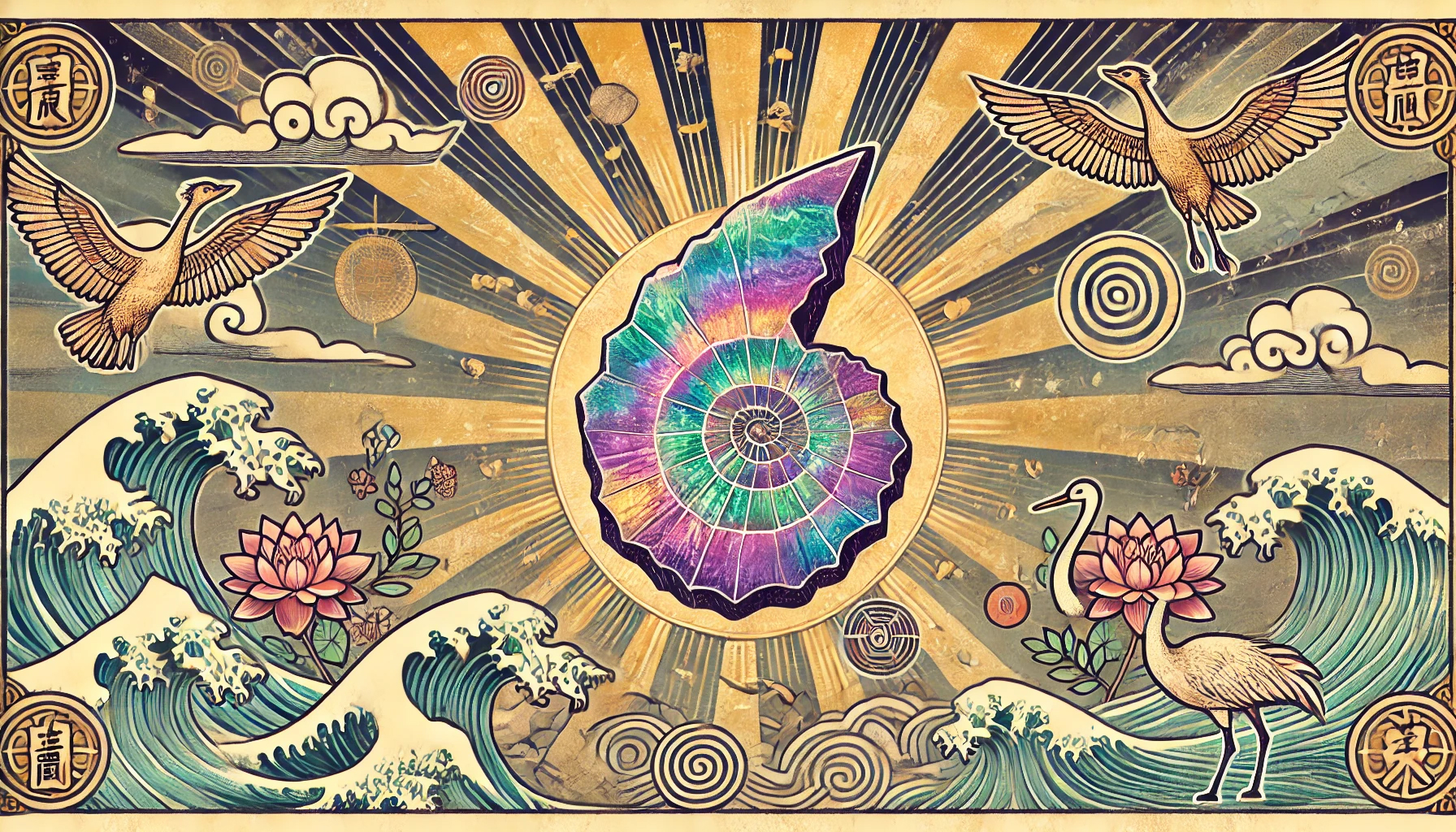 DALL%C2%B7E 2025 07 23 21.47.10 A wide aspect image in traditional Japanese ukiyo e style themed around the spiritual power of Ammolite. The scene features a radiant Ammolite fossil - アンモライトの石言葉「才能と幸運」を引き出す意味とスピリチュアル効果
