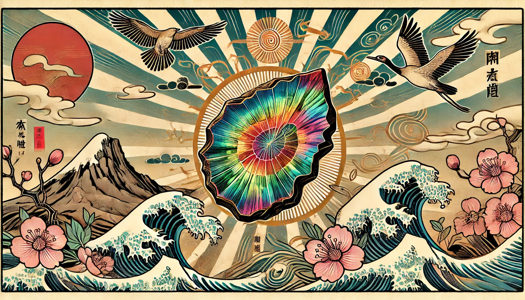 DALL%C2%B7E 2025 07 23 21.47.59 A wide aspect image in traditional Japanese ukiyo e style focused on the mystical energy of Ammolite. The radiant Ammolite fossil with its rainbow c - アンモライトの石言葉「才能と幸運」を引き出す意味とスピリチュアル効果