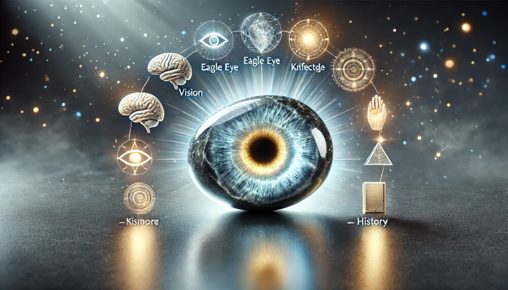 DALL%C2%B7E 2025 08 29 22.27.54 A wide clear and mystical image representing the concept  Eagle Eye Stone Meaning Effects and History %E2%80%94 A Simple Visual Summary. The focus is a r - イーグルアイの石言葉「未来を知る」「知識」を持つ人のための活用術と効果まとめ