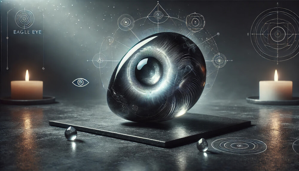 DALL%C2%B7E 2025 08 29 22.28.02 A wide elegant and mystical image visualizing the concept  The Meaning Behind the Color of Eagle Eye Stone %E2%80%93 The Power Hidden in Its Gray Shine. Th - イーグルアイの石言葉「未来を知る」「知識」を持つ人のための活用術と効果まとめ