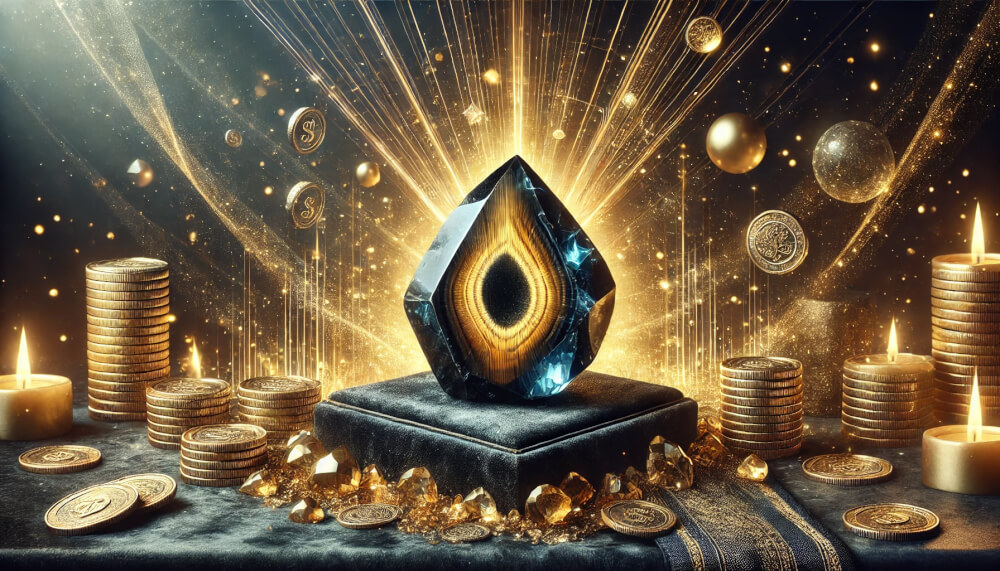 DALL%C2%B7E 2025 08 29 22.28.07 A wide elegant image illustrating the connection between the Eagle Eye Hawks Eye stone and financial luck or success. The central focus is a raw E - イーグルアイの石言葉「未来を知る」「知識」を持つ人のための活用術と効果まとめ