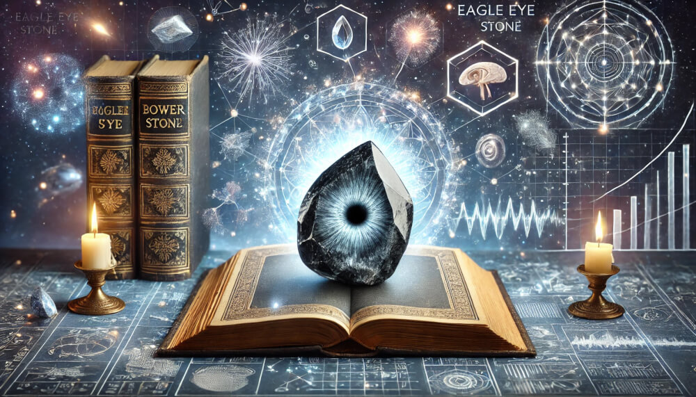 DALL%C2%B7E 2025 08 29 22.28.16 A wide intelligent and mystical image illustrating the concept  Eagle Eye Stone Meaning  The Power Stone of Knowledge and Mental Clarity. The centr - イーグルアイの石言葉「未来を知る」「知識」を持つ人のための活用術と効果まとめ