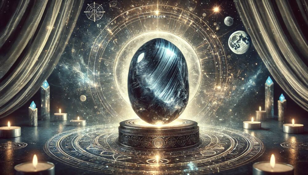 DALL%C2%B7E 2025 08 29 22.28.21 A wide mystical and spiritual image featuring a raw Eagle Eye Hawks Eye crystal as the central focus. The stone appears in its natural unpolished - イーグルアイの石言葉「未来を知る」「知識」を持つ人のための活用術と効果まとめ